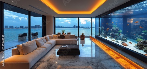 A sprawling built-in aquarium serving as a stunning focal point in a modern open-concept living space. The tank is home to graceful koi fish and lush aquatic plants, with soft blue lighting reflecting