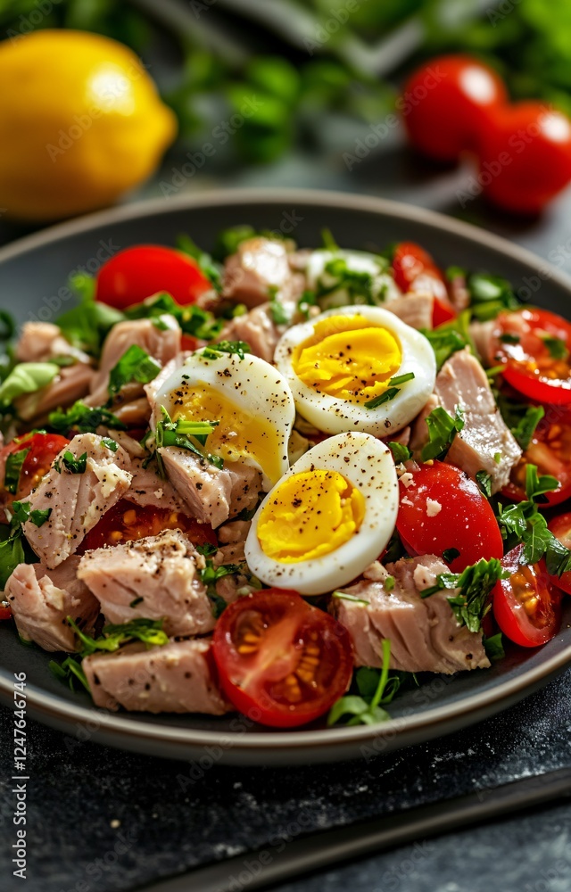Front View of Tuna Salad with Tomatoes and Boiled Egg on White Plate for Healthy Lunch Front View of Tuna Salad with Tomatoes and Boiled Egg on White Plate for Healthy Lunch