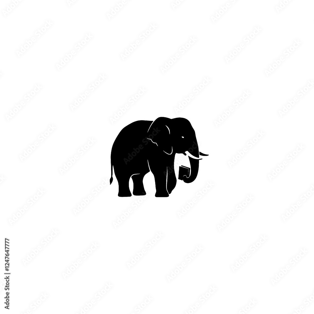 Fototapeta premium Black Silhouette of an Elephant on a White Background