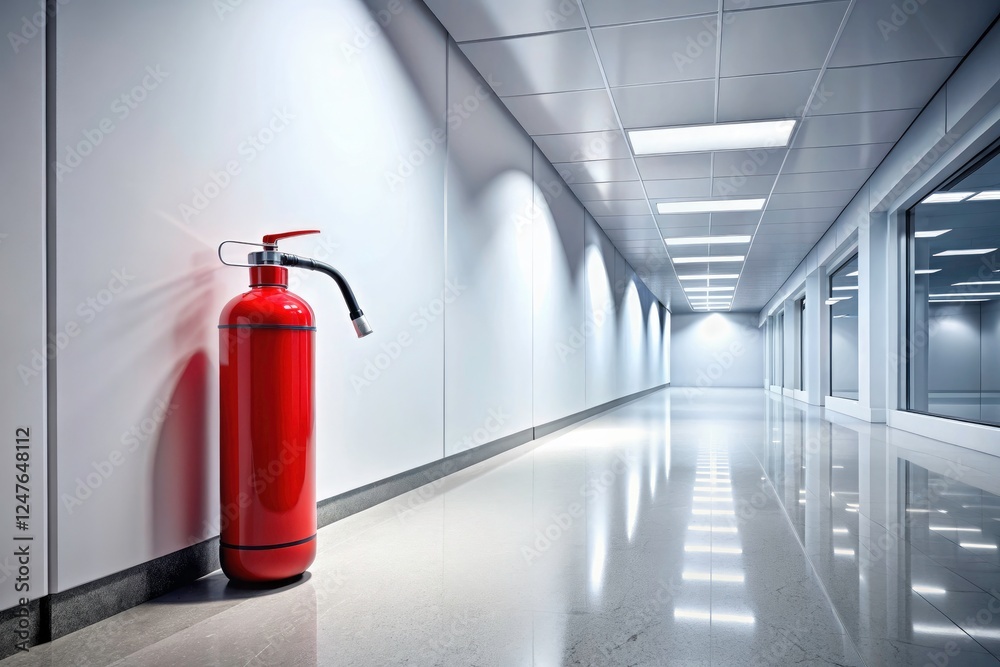 Obraz premium Long exposure shot: red fire extinguisher's vibrant trail in a sleek, modern office hallway.