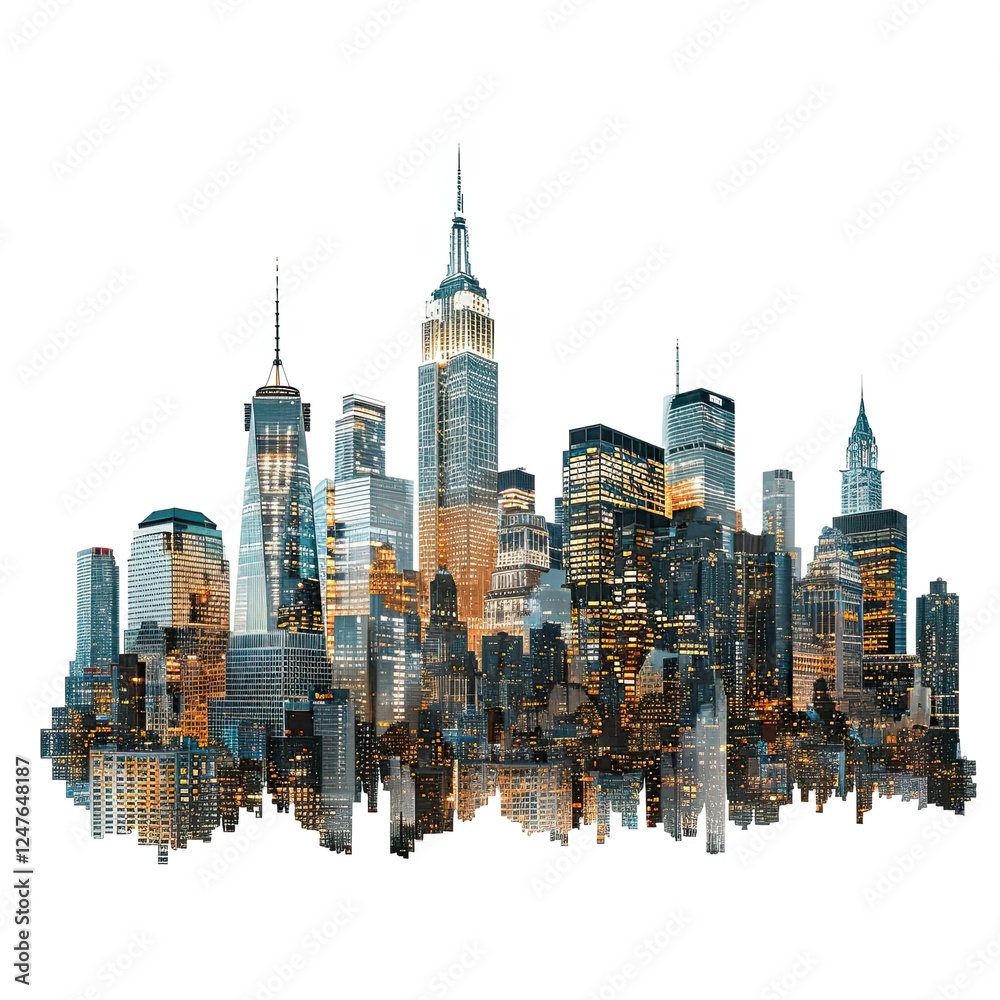 Naklejka premium A stylized skyline of a city featuring tall buildings and illuminated structures. isolated on white background