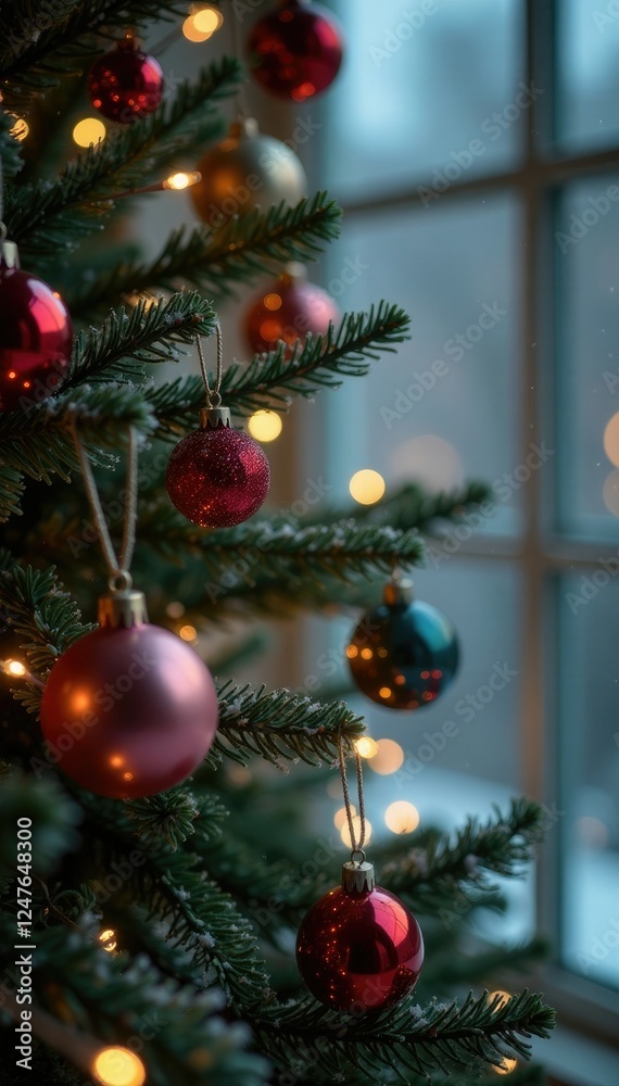 Fototapeta premium Twinkling lights dance among frosty glass ornaments on a slender green spruce, twinkle, holiday