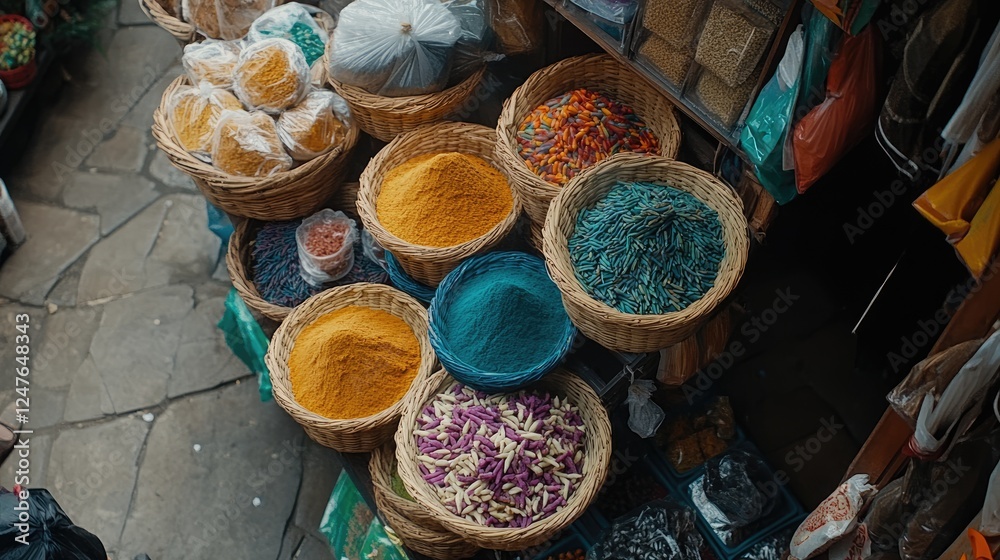 Fototapeta premium A top-down view of a spice market stall with baskets full of colorful seasoning powders.