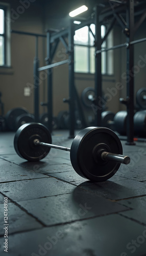 Empty gym studio with heavy barbell on floor. Modern design interior. Workout equipment ready for training. Pro sports facility. Interior shot. No people. Athletic space for fitness. Strong workout photo