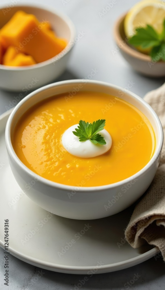 Velvety-smooth butternut squash soup served in a white ceramic bowl with a dollop of cr?me fra?che on top, topping, ceramic Velvety-smooth butternut squash soup served in a white ceramic bowl with a dollop of cr?me fra?che on top, topping, ceramic