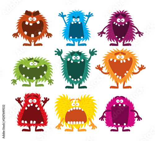 Set of cute monster collection, funny and cute colorful monsters for halloween with big open mouths as copy space, cute yeti isolated on white background, flat vector illustration.