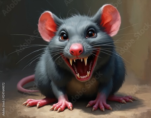 Digital illustration of aggressive rodent. Closeup view. Rat snarls showing sharp teeth. Pink nose. Grey fur. Creative animal portrait. Angry mammal. Wildlife illustration. photo