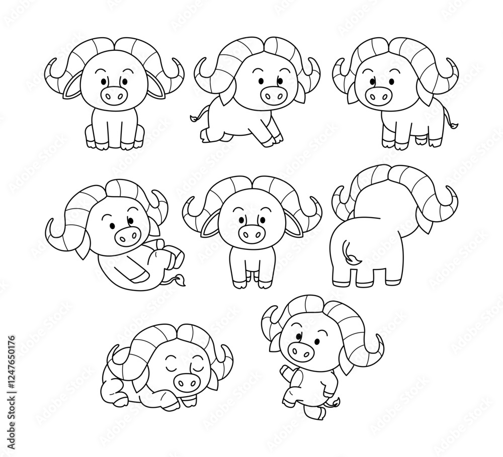 Fototapeta premium Set of buffalo doodle collection, flamingo outline coloring page book animals for kindergarten, Vector line art set of animals wildlife, Hand drawn, Minimal flamingo line art doodle in different pose