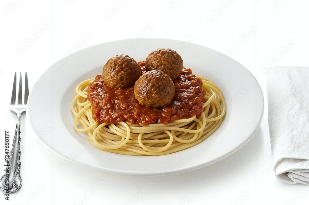 A plate of spaghetti with a rich tomato sauce and meatballs, isolated on a white background. A plate of spaghetti with a rich tomato sauce and meatballs, isolated on a white background.