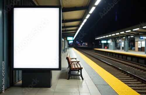 Empty train station platform at night. Blank billboard advertising mockup. Wooden bench waits for commuters. Urban infrastructure. Public transportation terminal. Evening light illuminates area.