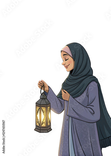 A Muslim woman holding a lit lantern to decorate her home during Ramadan nights