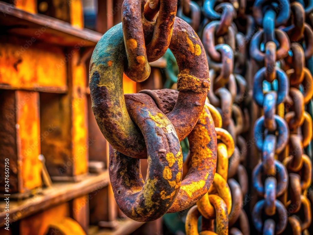 Macro view: Robust steel chain link hook, showcasing detailed metal texture and the heavy-duty rigging mechanism. Macro view: Robust steel chain link hook, showcasing detailed metal texture and the heavy-duty rigging mechanism.