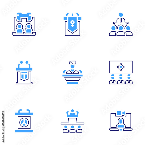 Conference icon set. Bold line style. Duotone colors. Editable stroke. conference, virtualevent, rostrum, speech, podium, politics, videocall