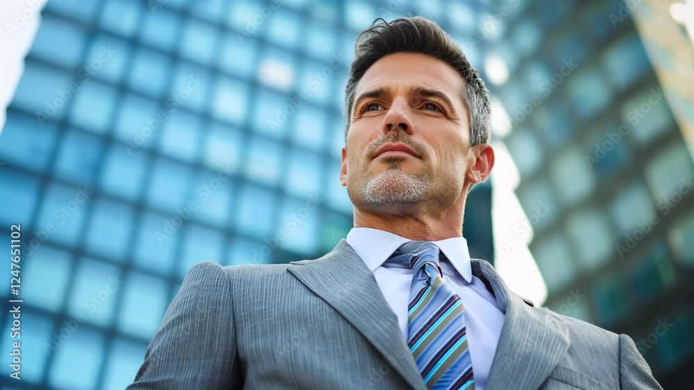 Wealthy rich successful business man standing in big city modern skyscrapers street on sunset thinking of successful future vision, dreaming of new investment opportunities Wealthy rich successful business man standing in big city modern skyscrapers street on sunset thinking of successful future vision, dreaming of new investment opportunities