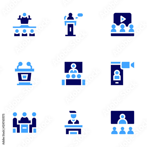 Conference icon set. Bold style. Duotone colors. conference, podium, meeting, leader, speech, learning, virtualevent, videochat