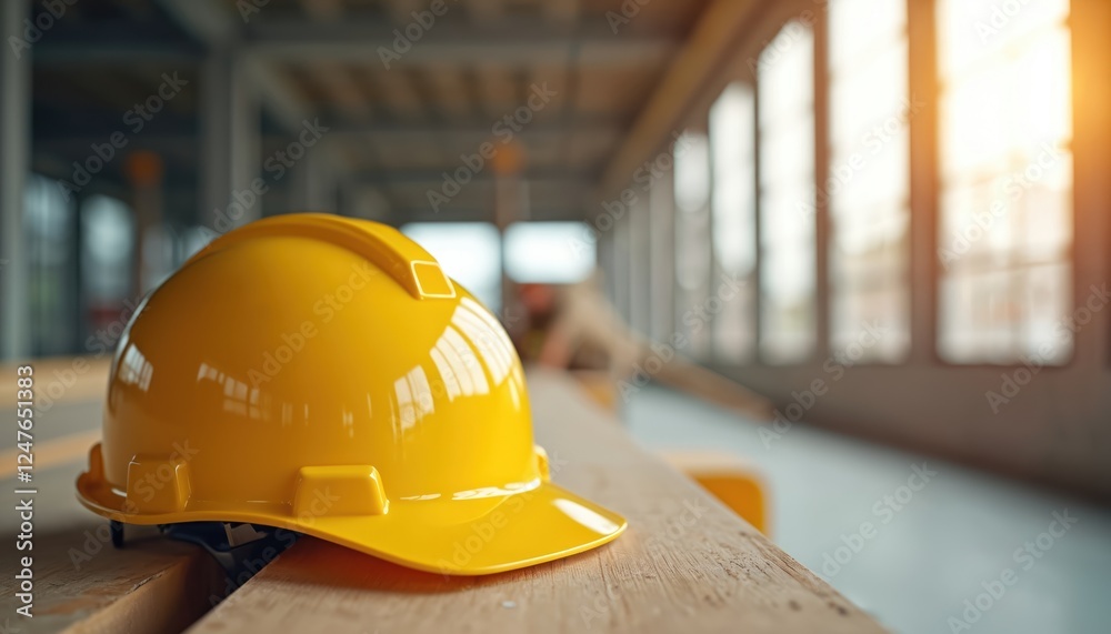 Safety first on construction site. Yellow safety helmet sits on wooden plank. Construction site interior with bright windows. Modern building project. Building regulations, safety important. Focus on