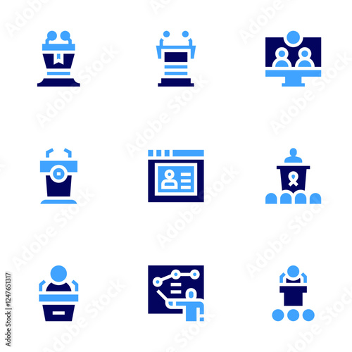 Conference icon set. Bold style. Duotone colors. videocalling, conference, presentation, analysis, onlineinterview, podium, speech, lectern