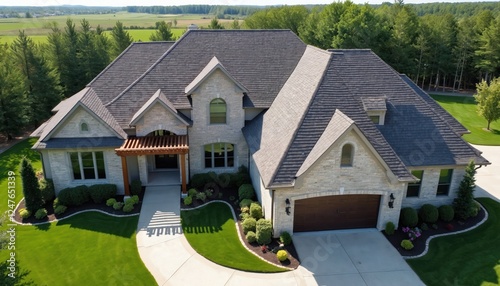 Spacious house with meticulously landscaped lawn. Modern stone facade, dark gray shingle roof. Well-maintained gardens create beautiful curb appeal. Driveway leads to garage. Excellent example of