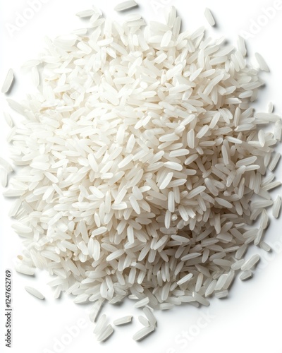Pile of white rice grains, top view, isolated on white background, close up, natural light, studio shot