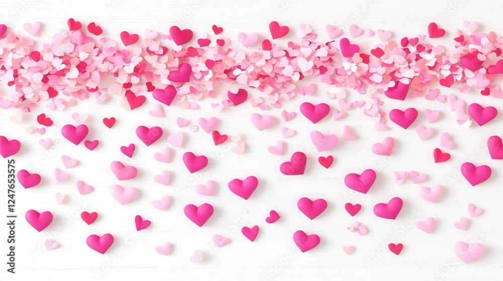 Heart shaped confetti in various shades of pink falling against a white wooden background, creating a romantic and festive atmosphere Heart shaped confetti in various shades of pink falling against a white wooden background, creating a romantic and festive atmosphere