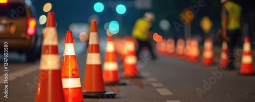 Road work in progress at night. Traffic cones placed on street. Workers assembling roadblocks. Safety measures ensure public safety during road construction. Workers wear safety gear. Nighttime scene