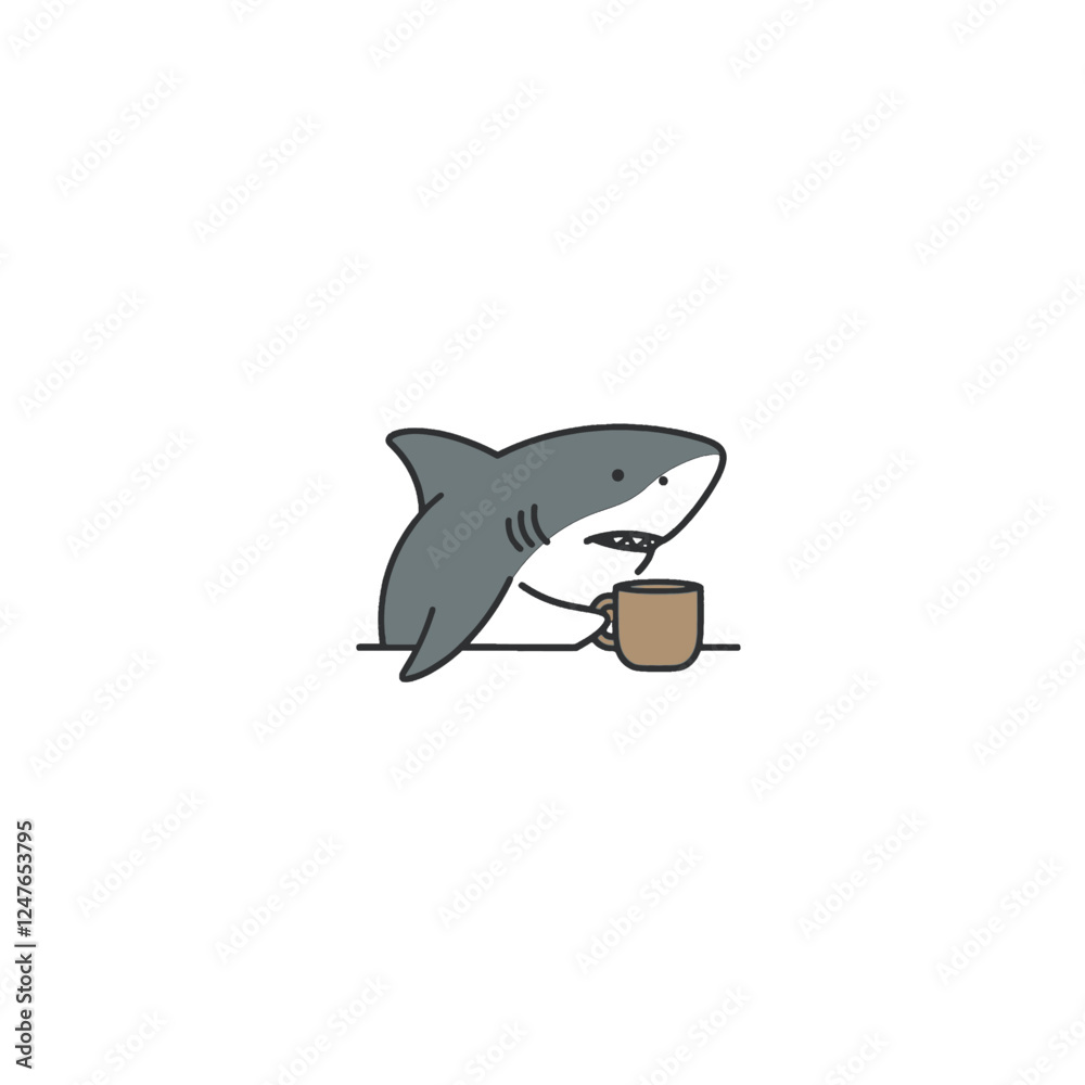 Fototapeta premium Cartoon Shark Holding a Coffee Mug in a Humorous Illustration