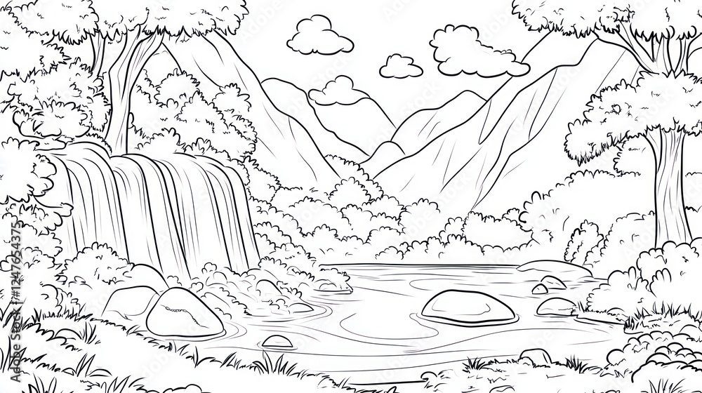 Waterfall landscape, lush jungle, mountain backdrop; coloring book page Waterfall landscape, lush jungle, mountain backdrop; coloring book page