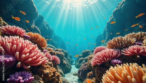 Vibrant Underwater Coral Reef Scene with Colorful Fish and Sunlight Filter photo