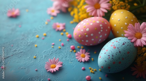 Colorful Easter Eggs Surrounded by Spring Flowers and Blooms