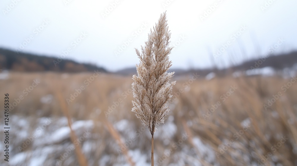 Fototapeta premium Winter reed, snowy field, blurred background, nature scene, peaceful landscape