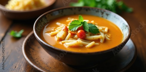 Aromatic curry soup poured over lontong and noodles, soup, lunch