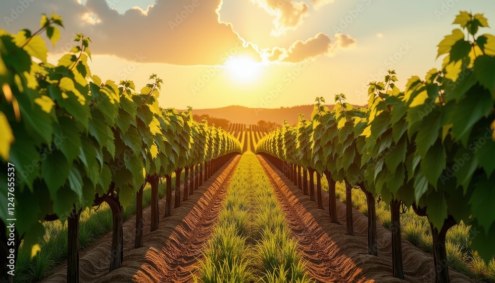 Fototapeta premium Golden Sunset Vineyard Under a Bloom of Colors and Rolling Hills