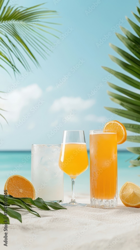 Fototapeta premium Refreshing Tropical Drinks on Sandy Beach