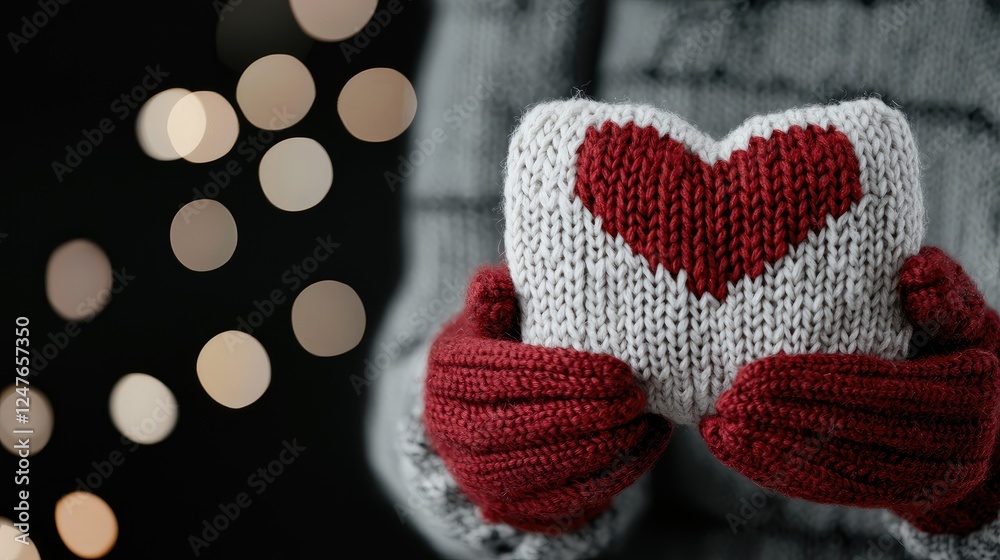 Fototapeta premium Winter hands hold knitted heart, bokeh lights