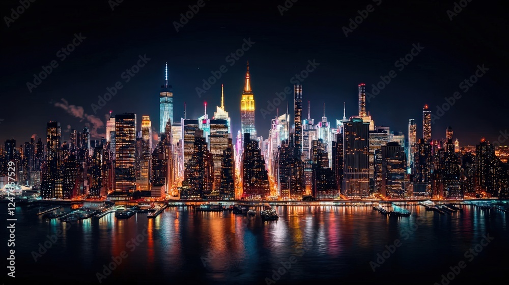 Fototapeta premium Night Cityscape with Bright Skyscrapers and Reflection