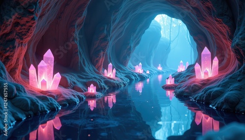 Surreal Digital Art: Pink and Blue Crystals Glisten Amidst Mystical Water photo