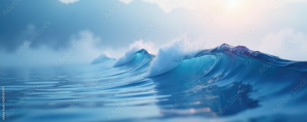 Fototapeta premium Delicate iridescent wave floats above misty waters, iridescence, soft blue, water