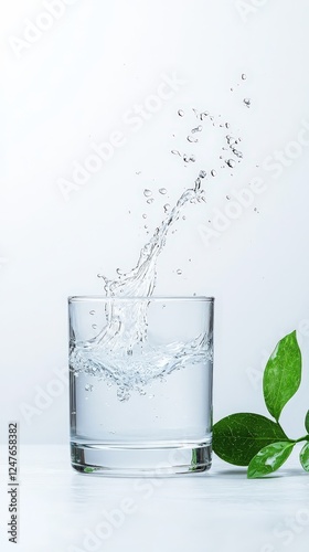 Splashing Water in Clear Glass with Green Leaf photo