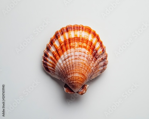 Close up view of a seashell, light brown and white colors, fan shaped, detailed texture, on a bright white background photo