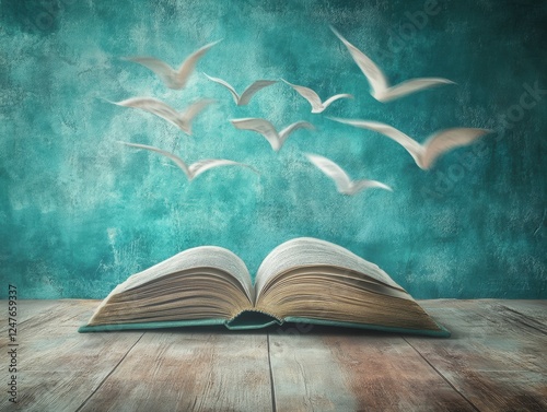 Open Book Inspiring Flight of Birds Journey Through Literature and Imagination into a World of Dreams