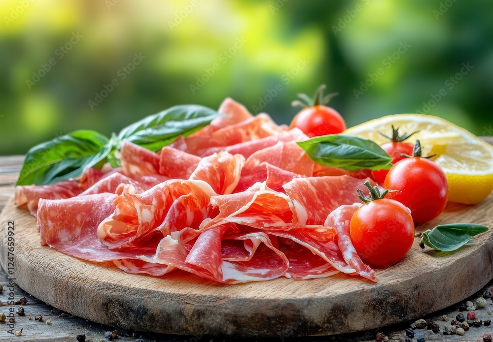 Sliced ham, basil, and cherry tomatoes on a wooden board. Natural light and a blurred background of greenery Sliced ham, basil, and cherry tomatoes on a wooden board. Natural light and a blurred background of greenery