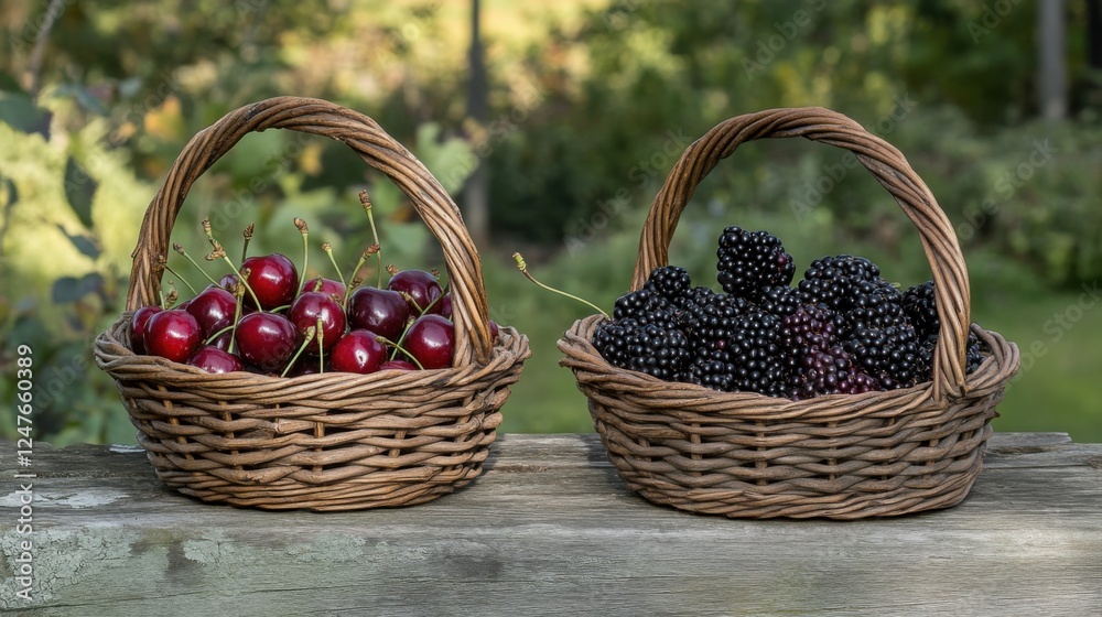 cherries and blackberries in rustic baskets cherries and blackberries in rustic baskets