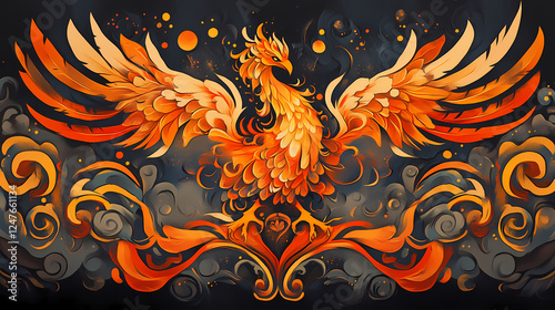Fierce phoenix blend fire. Symbolic Rebirth. Illustration