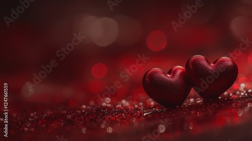 two red hearts on red glitter background photo