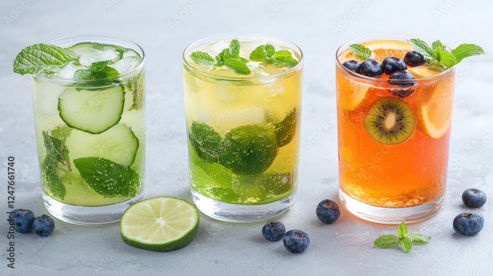 Fototapeta premium Refreshing fruit-infused iced drinks on grey background