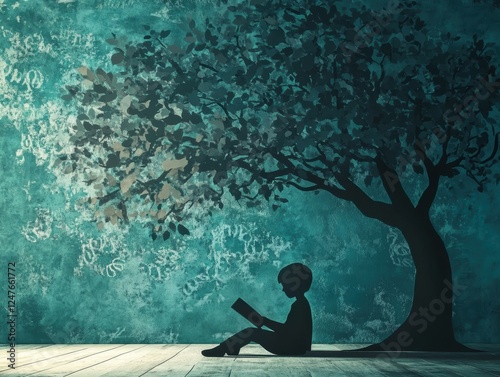 Serene Scene of Solitude A Boy Reading Under Shady Tree Beneath Literary Sky With Teal Abstract Hues