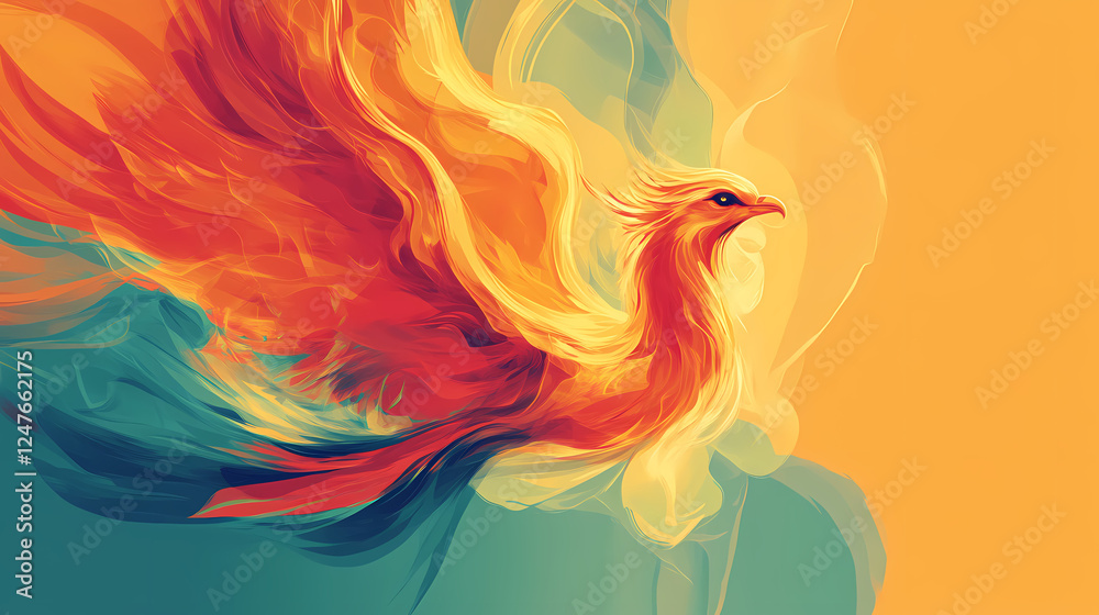 Fototapeta premium Phoenix bird rising from flames in abstract design. Symbolic Rebirth. Illustration