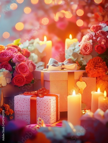 A table with a bunch of flowers and candles, and a few presents