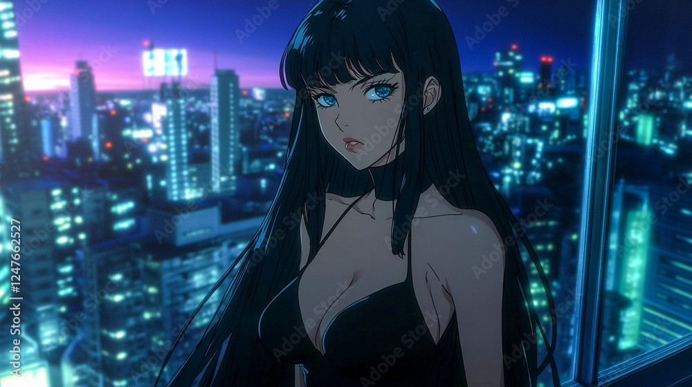 Goth Girl Flowing Hair and City Lights in an Anime Scene Goth Girl Flowing Hair and City Lights in an Anime Scene