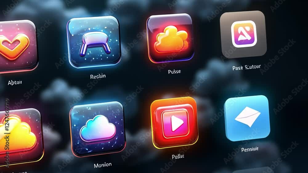 Interactive Icons: A collection of stylized and user-friendly app icons glows with vibrant colors and subtle reflections on a digital screen.